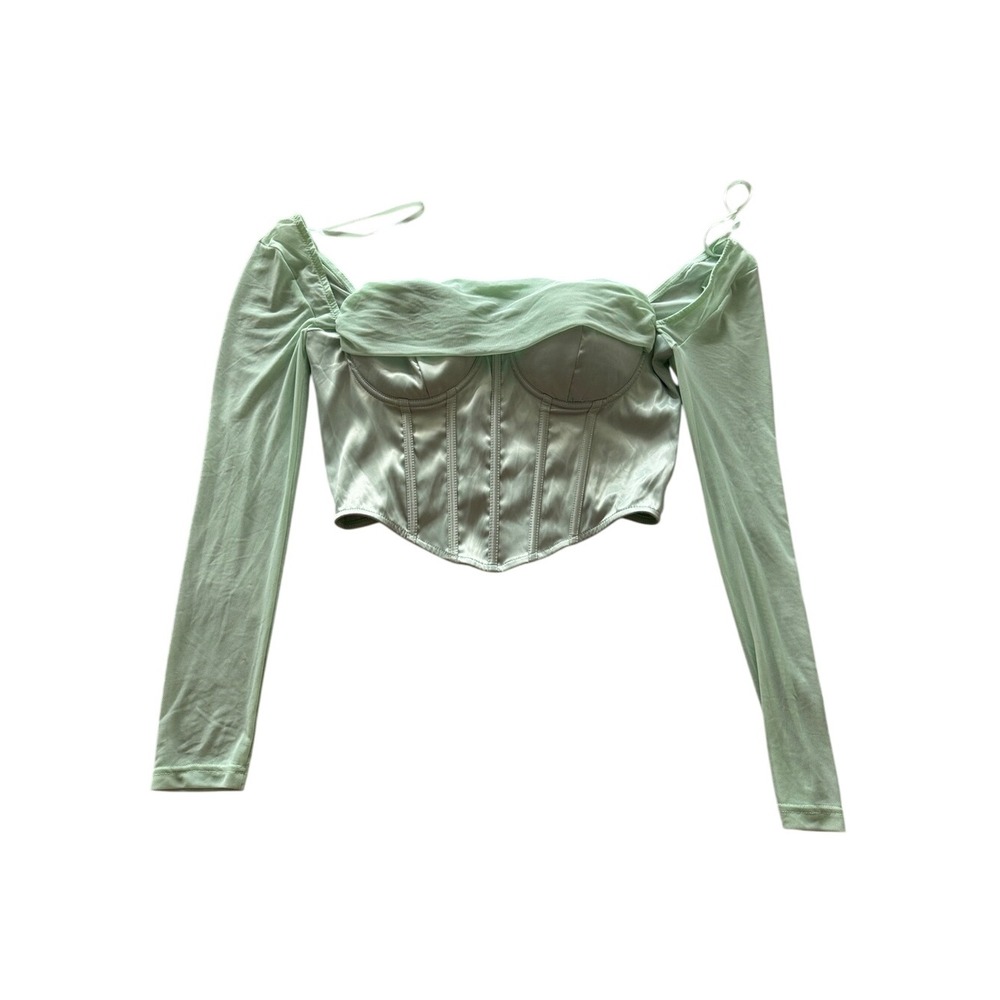 Windsor Sage Satin Corset Crop Top Mesh Long Sleeves Boned Bustier Size L